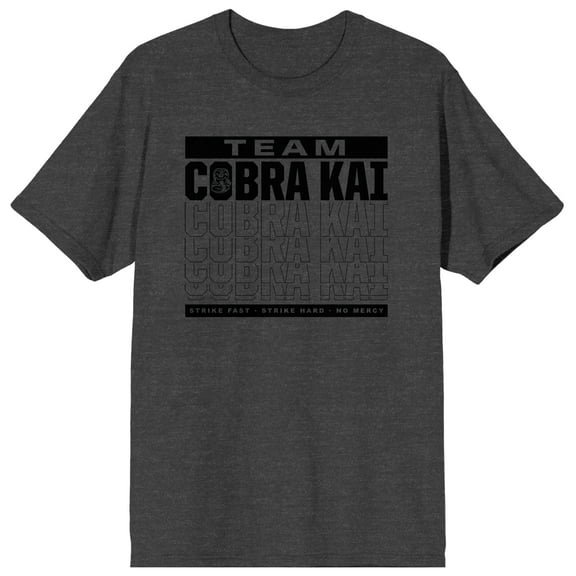 Cobra Kai Team Cobra Kai Strike Fast Strike Hard No Mercy Men's Charcoal Heather Tee-Medium