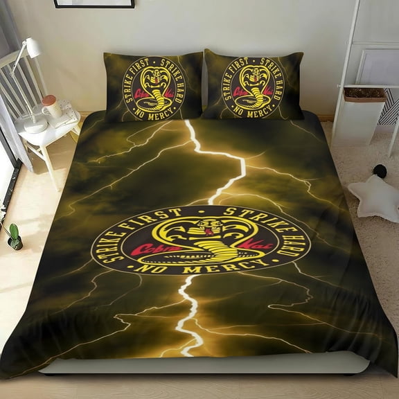 Cobra Kai three-piece cotton bed set, comfortable and skin-friendly, non-slip corners, distinctive design, great home decor gifts, 68x86 in (173*218 cm).