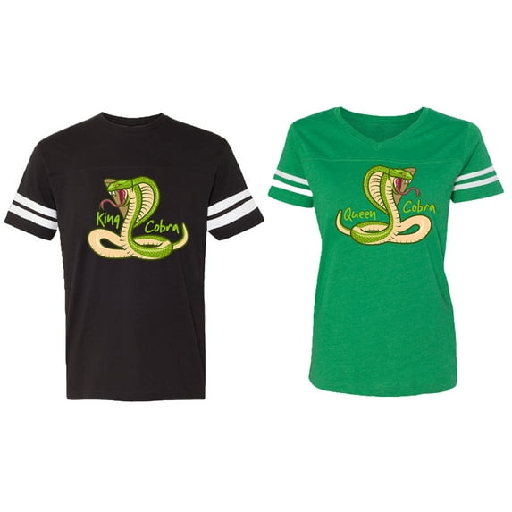 Cobra King Queen Matching Couple Cotton Jerseys (Men Black / Women Green) (Men XXL / Women L)