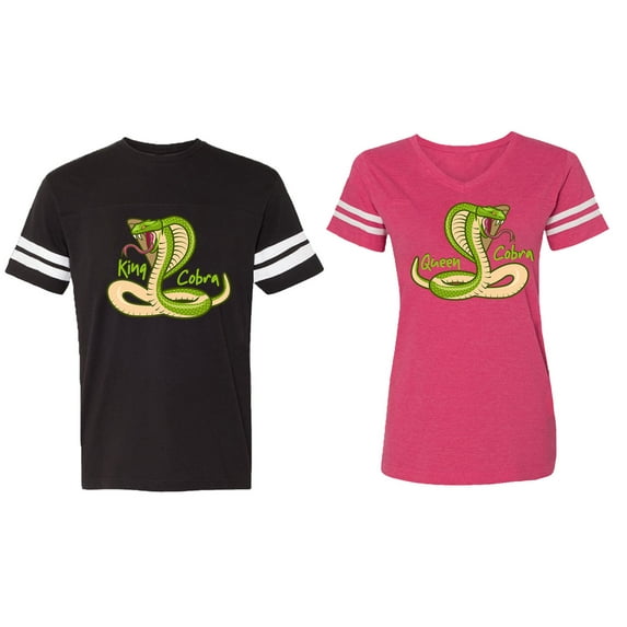 Cobra King Queen Matching Couple Cotton Jerseys (Men Black / Women Pink) (Men XXL / Women S)