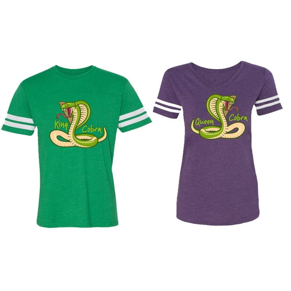 Cobra King Queen Matching Couple Cotton Jerseys (Men Green / Women Purple) (Men XL / Women XL)