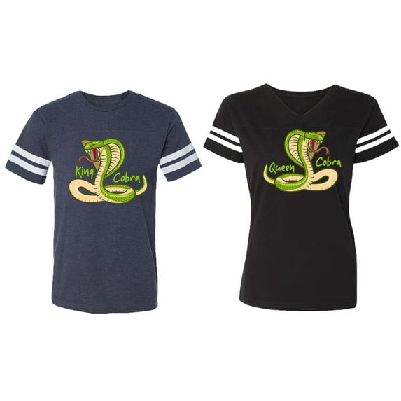 Cobra King Queen Matching Couple Cotton Jerseys (Men Navy / Women Black) (Men S / Women S)