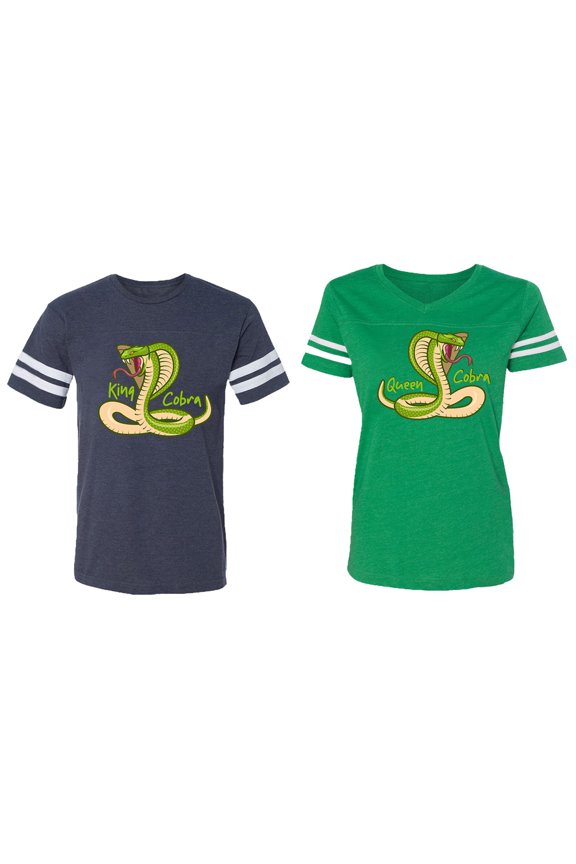 Cobra King Queen Matching Couple Cotton Jerseys (Men Navy / Women Green) (Men XXL / Women XXL)