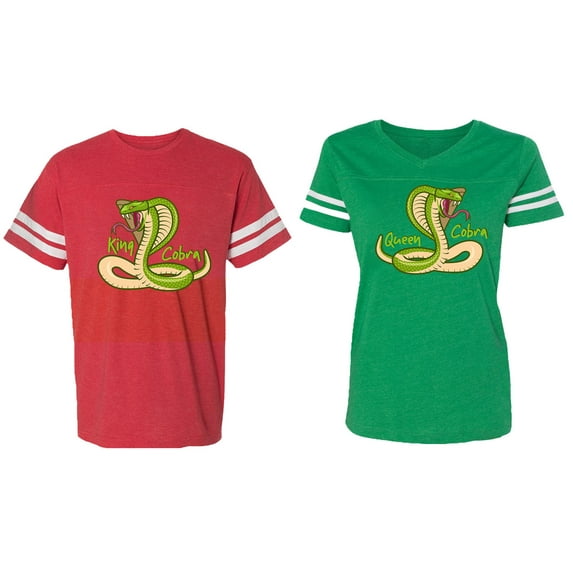 Cobra King Queen Matching Couple Cotton Jerseys (Men Red / Women Green) (Men S / Women M)