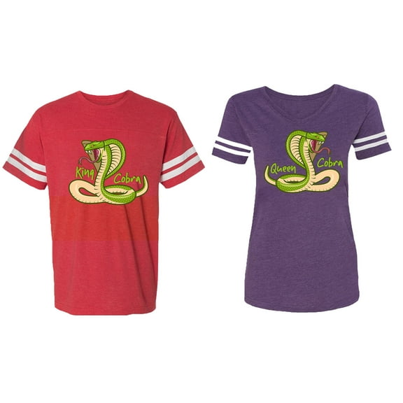 Cobra King Queen Matching Couple Cotton Jerseys (Men Red / Women Purple) (Men L / Women XL)