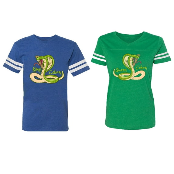 Cobra King Queen Matching Couple Cotton Jerseys (Men Royal / Women Green) (Men XXL / Women XXL)