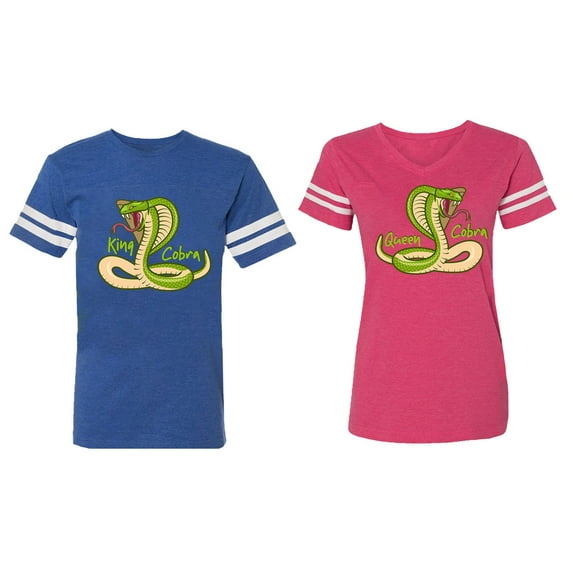 Cobra King Queen Matching Couple Cotton Jerseys (Men Royal / Women Pink) (Men XXL / Women XL)