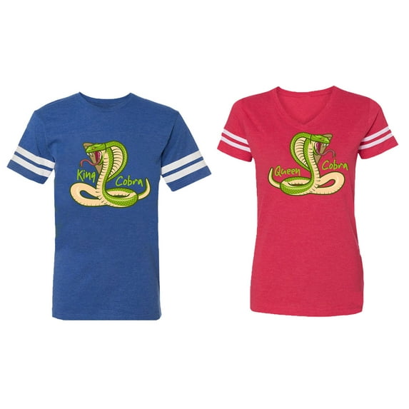 Cobra King Queen Matching Couple Cotton Jerseys (Men Royal / Women Red) (Men XXL / Women XXL)