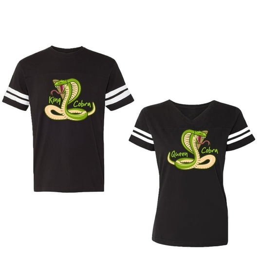 Cobra King Queen Unisex Couple Matching Cotton Jersey style T-Shirt Contrasting stripes on sleeves (Men Black / Women Black) (Men XXL / Women M)