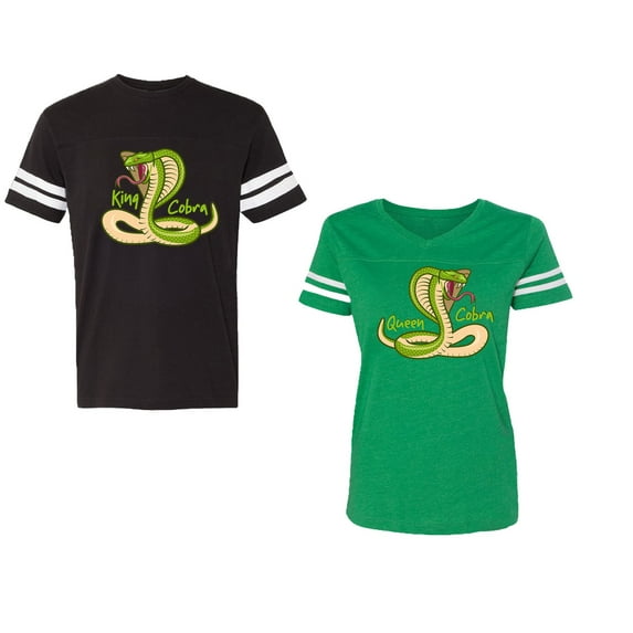 Cobra King Queen Unisex Couple Matching Cotton Jersey style T-Shirt Contrasting stripes on sleeves (Men Black / Women Green) (Men S / Women S)
