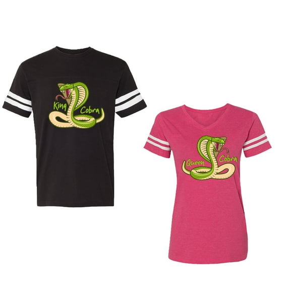 Cobra King Queen Unisex Couple Matching Cotton Jersey style T-Shirt Contrasting stripes on sleeves (Men Black / Women Pink) (Men S / Women XXL)