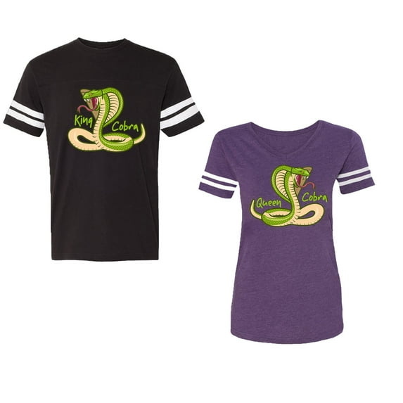 Cobra King Queen Unisex Couple Matching Cotton Jersey style T-Shirt Contrasting stripes on sleeves (Men Black / Women Purple) (Men S / Women L)
