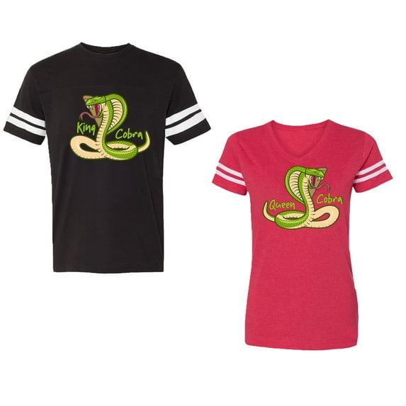 Cobra King Queen Unisex Couple Matching Cotton Jersey style T-Shirt Contrasting stripes on sleeves (Men Green / Women Black) (Men XXL / Women L)