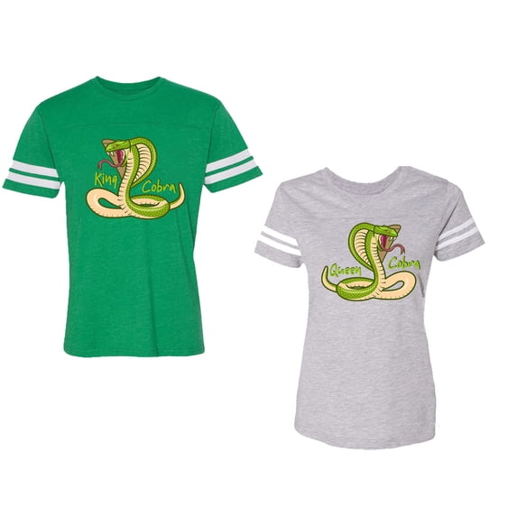 Cobra King Queen Unisex Couple Matching Cotton Jersey style T-Shirt Contrasting stripes on sleeves (Men Green / Women Heather) (Men L / Women XXL)