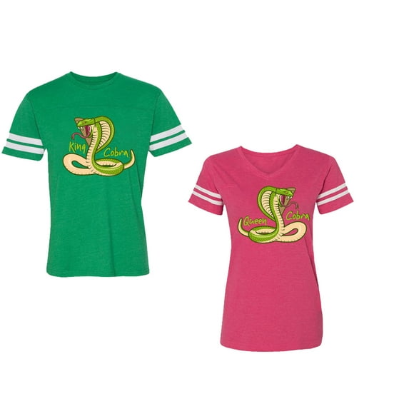 Cobra King Queen Unisex Couple Matching Cotton Jersey style T-Shirt Contrasting stripes on sleeves (Men Green / Women Pink) (Men XL / Women M)