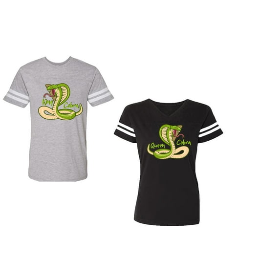 Cobra King Queen Unisex Couple Matching Cotton Jersey style T-Shirt Contrasting stripes on sleeves (Men Heather / Women Black) (Men S / Women S)