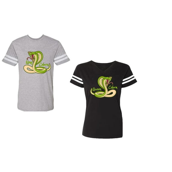 Cobra King Queen Unisex Couple Matching Cotton Jersey style T-Shirt Contrasting stripes on sleeves (Men Heather / Women Black) (Men S / Women S)