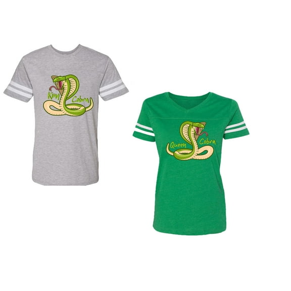 Cobra King Queen Unisex Couple Matching Cotton Jersey style T-Shirt Contrasting stripes on sleeves (Men Heather / Women Green) (Men S / Women L)