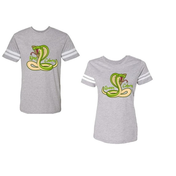 Cobra King Queen Unisex Couple Matching Cotton Jersey style T-Shirt Contrasting stripes on sleeves (Men Heather / Women Heather) (Men L / Women L)