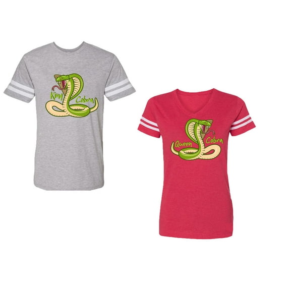 Cobra King Queen Unisex Couple Matching Cotton Jersey style T-Shirt Contrasting stripes on sleeves (Men Heather / Women Red) (Men XXL / Women L)