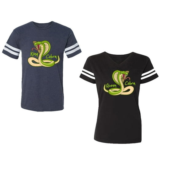 Cobra King Queen Unisex Couple Matching Cotton Jersey style T-Shirt Contrasting stripes on sleeves (Men Navy / Women Black) (Men S / Women S)