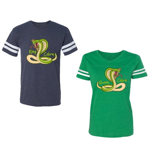 Cobra King Queen Unisex Couple Matching Cotton Jersey style T-Shirt Contrasting stripes on sleeves (Men Navy / Women Green) (Men M / Women L)