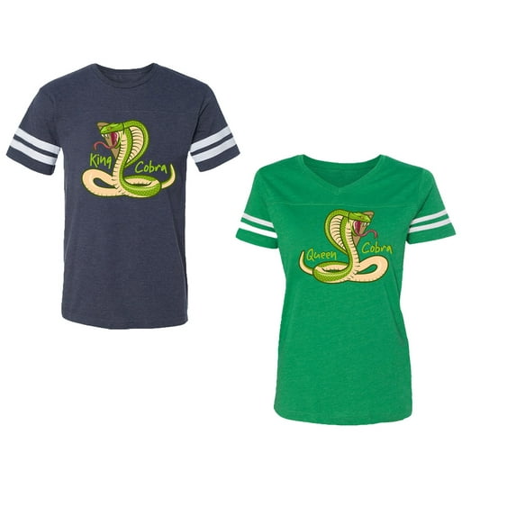 Cobra King Queen Unisex Couple Matching Cotton Jersey style T-Shirt Contrasting stripes on sleeves (Men Navy / Women Green) (Men M / Women XXL)