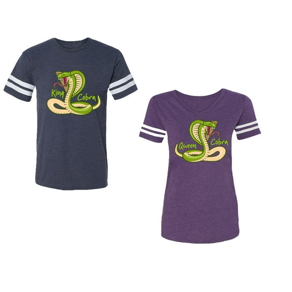 Cobra King Queen Unisex Couple Matching Cotton Jersey style T-Shirt Contrasting stripes on sleeves (Men Navy / Women Purple) (Men S / Women S)