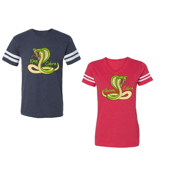 Cobra King Queen Unisex Couple Matching Cotton Jersey style T-Shirt Contrasting stripes on sleeves (Men Navy / Women Red) (Men XXL / Women XXL)