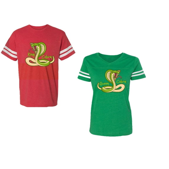 Cobra King Queen Unisex Couple Matching Cotton Jersey style T-Shirt Contrasting stripes on sleeves (Men Red / Women Green) (Men L / Women XXL)