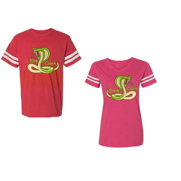 Cobra King Queen Unisex Couple Matching Cotton Jersey style T-Shirt Contrasting stripes on sleeves (Men Red / Women Pink) (Men XXL / Women S)