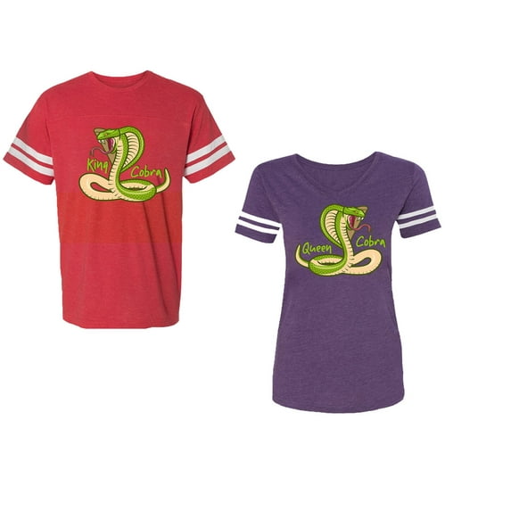Cobra King Queen Unisex Couple Matching Cotton Jersey style T-Shirt Contrasting stripes on sleeves (Men Red / Women Purple) (Men L / Women XL)