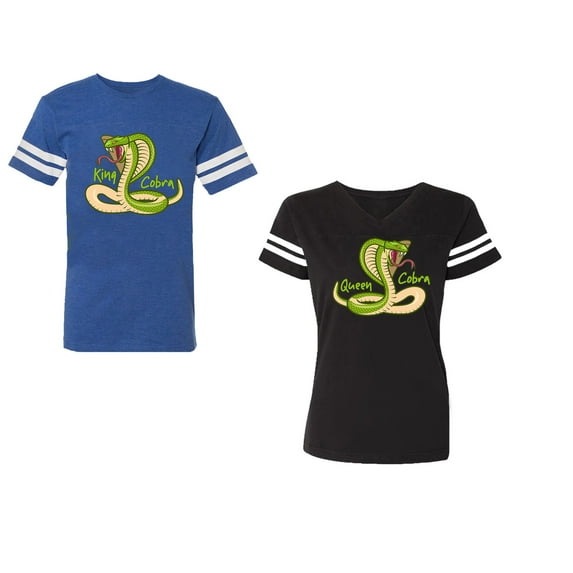 Cobra King Queen Unisex Couple Matching Cotton Jersey style T-Shirt Contrasting stripes on sleeves (Men Royal / Women Black) (Men S / Women S)