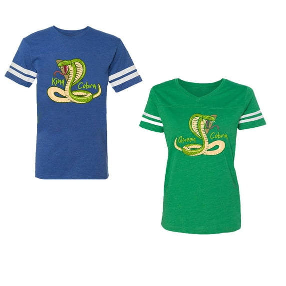 Cobra King Queen Unisex Couple Matching Cotton Jersey style T-Shirt Contrasting stripes on sleeves (Men Royal / Women Green) (Men XXL / Women M)