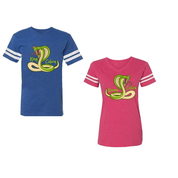Cobra King Queen Unisex Couple Matching Cotton Jersey style T-Shirt Contrasting stripes on sleeves (Men Royal / Women Pink) (Men XXL / Women L)