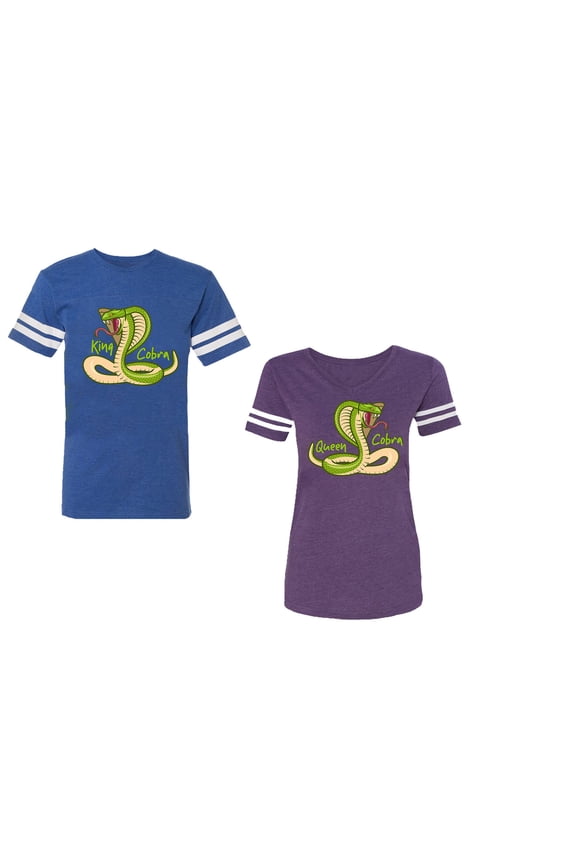 Cobra King Queen Unisex Couple Matching Cotton Jersey style T-Shirt Contrasting stripes on sleeves (Men Royal / Women Purple) (Men L / Women XL)