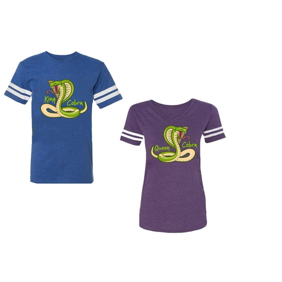 Cobra King Queen Unisex Couple Matching Cotton Jersey style T-Shirt Contrasting stripes on sleeves (Men Royal / Women Purple) (Men S / Women L)