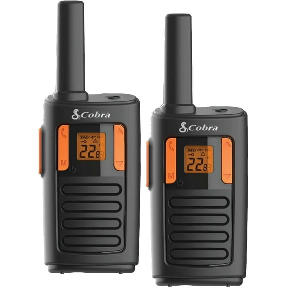 Cobra RX180 Walkie Talkies 18-Mile Long Range Signal, 22 Preset Channels, NOAA Weather Alerts, 10 Call Tones, Voice-Activated, Compact and Reliable, 2-Pack, Orange/Black