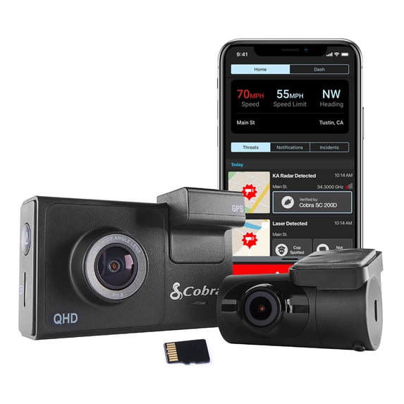Cobra SC 200D 1600P Dash Cam + Rear Cam: 3" Screen, Live Alerts, CarPlay Compatible Dash Camera
