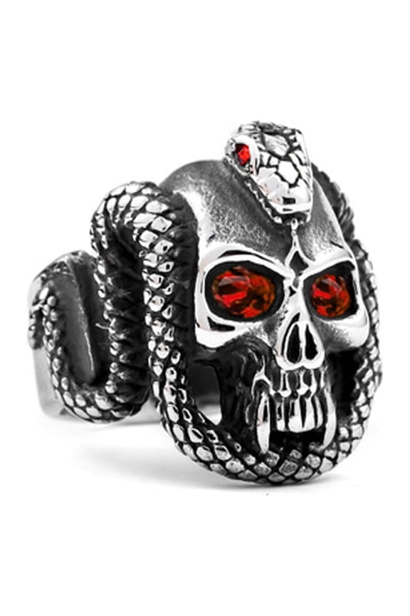 Cobra Skull Stainless Steel Ring with Red Ruby Inlay