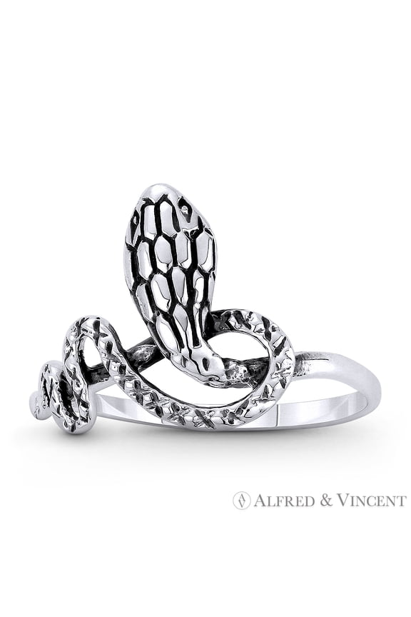 Cobra Snake / Serpent Spirit Animal Charm Right-Hand Stackable Gypsy Ring in Oxidized .925 Sterling Silver