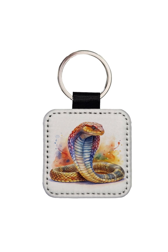 Cobra Snake Watercolor Faux Leather Square Keychain