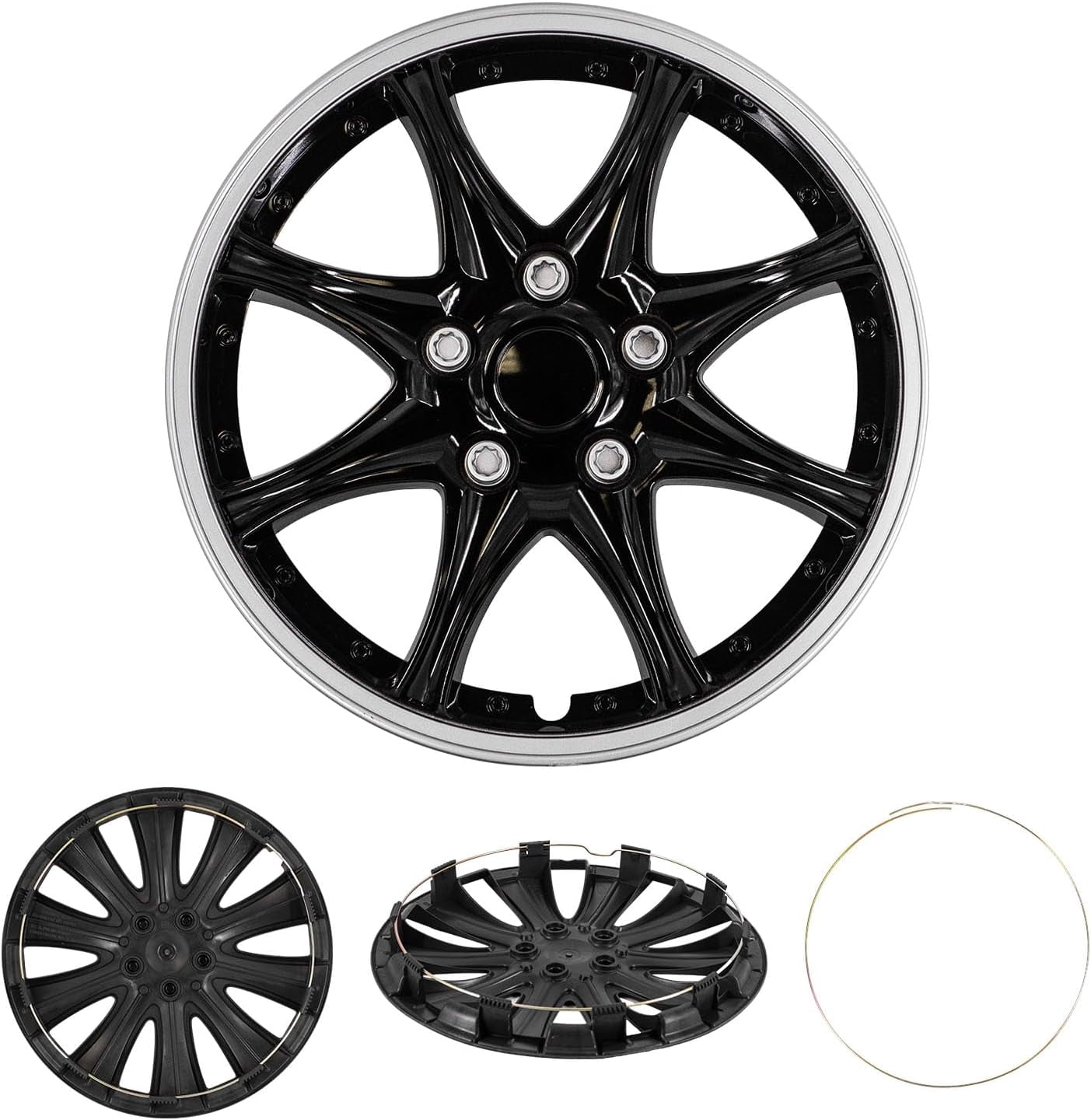 Cobra-Tek CBK-HP099-16-KC Set Of 4 Hubcaps Wheel Cover JDM Black Silver, Fits Steel Wheels, Tapas Para Rines, (16” 15” 17” Inch R15 R16 R17)