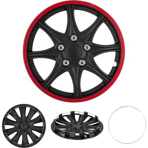 Cobra-Tek CBK-HP099-16-KR Set Of 4 Hubcaps Wheel Cover Jdm Black Red Universal, Fits Steel Wheels, Tapas Para Rines, (16”, 15” Inch R15 R16)