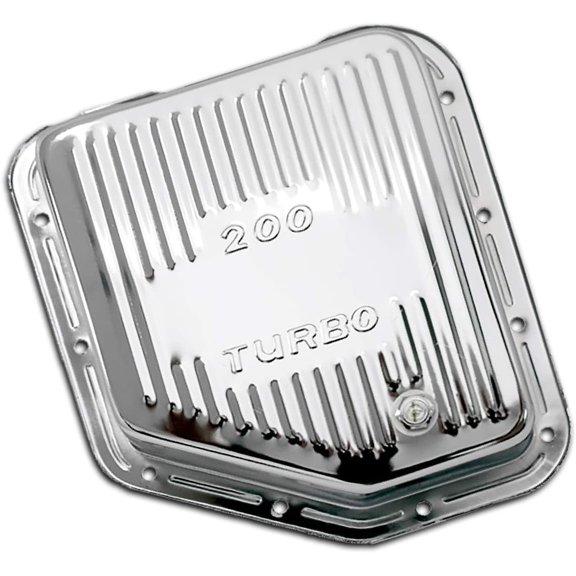 Cobra-Tek- CBK-HZ-9123-C- Aluminum Stainless Steel Compatible Chevy GM Turbo- Hydramatic Turbo-TH 200 Steel Transmission Pan With Drain Plug Depth: 2-5/8" Chrome.