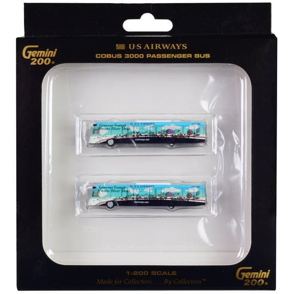 Cobus 3000 Passenger Bus White and Blue with Graphics "US Airways Shuttle Bus - Greener Transit" 2 Piece Set "Gemini 200" Series Diecast Models by GeminiJets