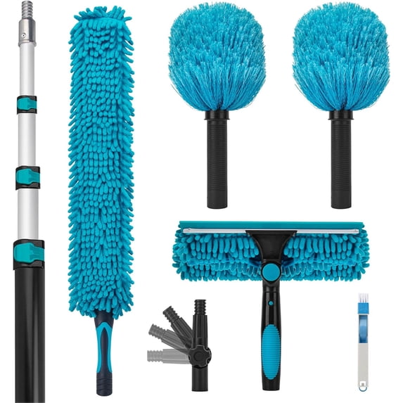 Cobweb Duster with 5-12 Ft Extension Pole, Spider Web Brush Long Telescoping Pole for 20 Feet Reach, Window Cleaning Squeegee Scrubber, High Ceiling Fan Dusters