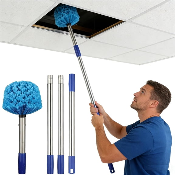 Cobweb Duster with Extension Pole, 6 FT Stainless Steel Pole with Spider Web Brush Head Ceiling Fan Duster for Outdoor Indoor Cleaning, Reach UP to 12-14 FT