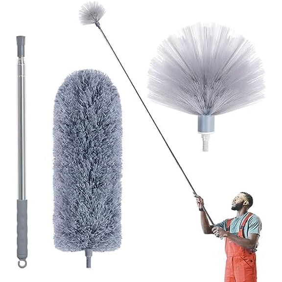 Cobweb Duster with Extension Pole, Spider Web Brush & Ceiling Cleaning Kit, 100" Microfiber Feather Duster Cleaner with Washable Head for Ceiling Fan, Furniture, Home