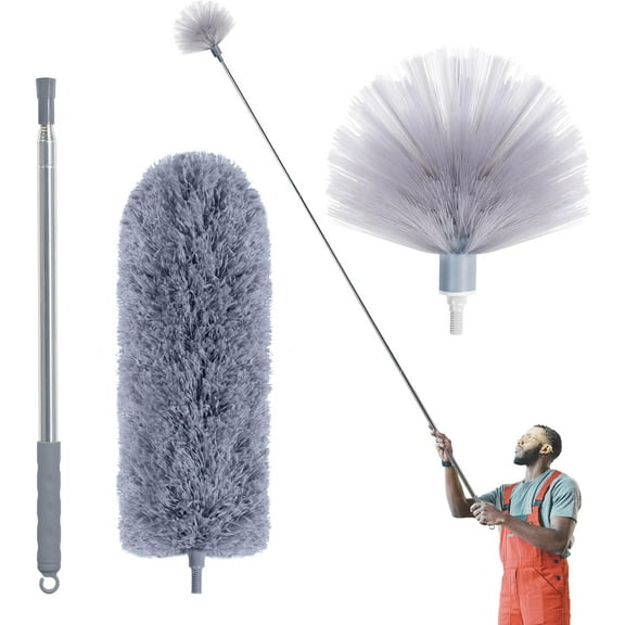 Cobweb Duster with Extension Pole, Spider Web Brush & Ceiling Cleaning Kit, 100" Microfiber Feather Cleaner Washable Head for Fan, Furniture, Home